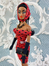 Load image into Gallery viewer, "Ruched Radiance in Dots for Days, Coral/Black" OOAK Doll, No. 174