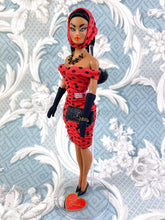 Load image into Gallery viewer, "Ruched Radiance in Dots for Days, Coral/Black" OOAK Doll, No. 174