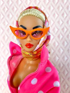 "Sizzle Suit Midi in Hot Pink Dot, Navidad" OOAK Doll, No. 236