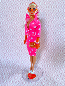 "Sizzle Suit Midi in Hot Pink Dot, Navidad" OOAK Doll, No. 236