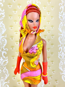 “Hollywood Halter in Psychedelic Mini” OOAK Doll, No. 104