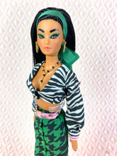 Load image into Gallery viewer, “Match-Up Mix-Ups in Emerald Zebra&quot;, OOAK Doll No. 110
