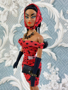 "Ruched Radiance in Dots for Days, Coral/Black" OOAK Doll, No. 174