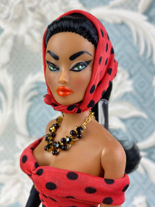 "Ruched Radiance in Dots for Days, Coral/Black" OOAK Doll, No. 174