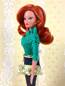 "Jewel Box Color Block in Emerald & Black Diamond" - OOAK Doll